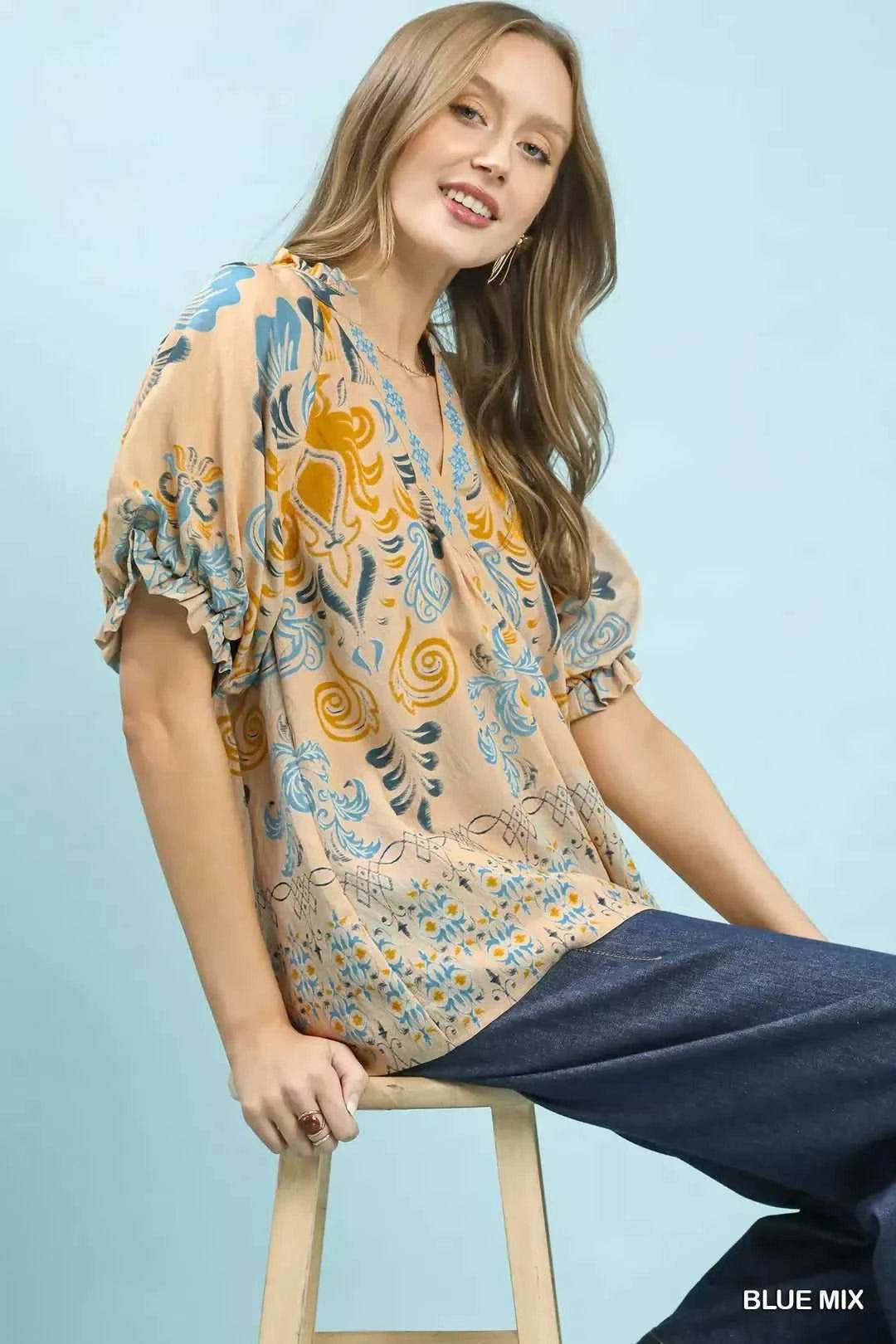 Umgee Border Print Puff Sleeve V-Neck Blouse 100100982111537 49 Affordable Fashion Under $100 Jerry's Apparel 