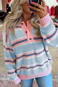 Stripe Striped Button Collar Long Sleeve Shift Fit Winter Knitwear Sweater 100100903997035 56 Affordable Fashion Under $100 Jerry's Apparel 