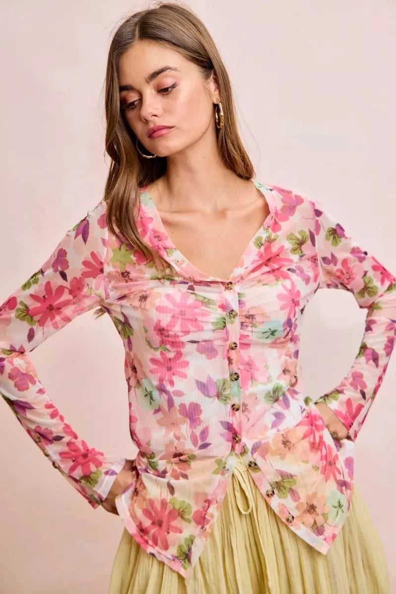BiBi Floral Shrried Detail Button Up Mesh Cardigan Top 100100970651175 39 Gifts for Her Jerry's Apparel 
