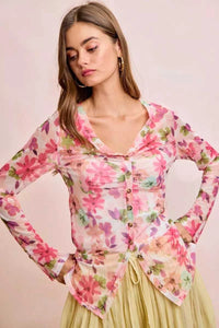 BiBi Floral Shrried Detail Button Up Mesh Cardigan Top 100100970651175 39 Gifts for Her Jerry's Apparel 
