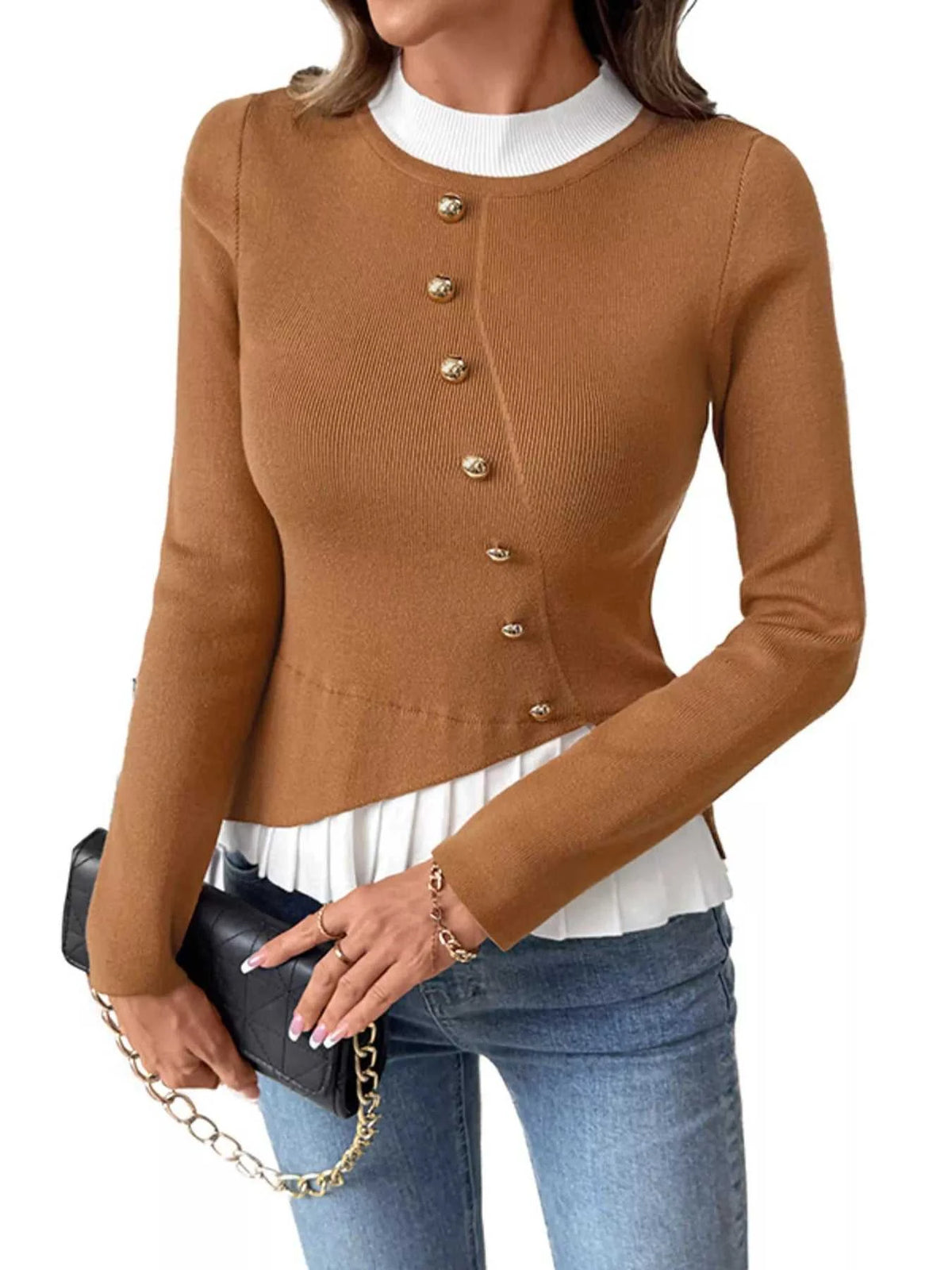 Decor Button Contrast Hem Knit Top 100100315297138 47 Affordable Fashion Under $100 Jerry's Apparel 