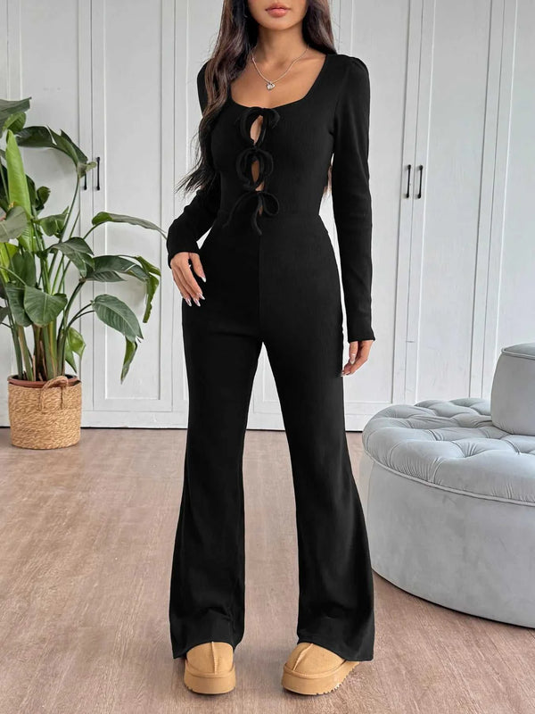 Tie Front Long Sleeve Flare Jumpsuit 100100847756607 38 Affordable Fashion Under $100 Jerry's Apparel 