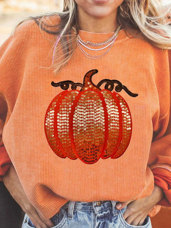 Halloween Sequined Pumpkin Ribbed Round Neck Sweatshirt 100100712885386 44 Affordable Fashion Under $100 Jerry's Apparel 