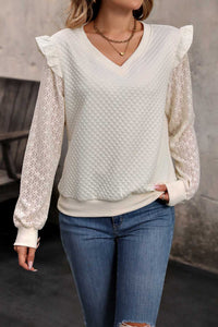 Perfee V-Neck Ruffle Trim Long Sleeve Sweatshirt 100101025525437 32 Affordable Fashion Under $100 Jerry's Apparel 