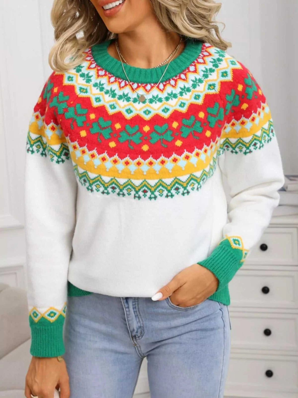 Clover Pattern Round Neck Knitted Sweater 100100324536502 52 Affordable Fashion Under $100 Jerry's Apparel 