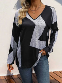 Perfee Color Block V-Neck Long Sleeve T-Shirt 100100381231602 33 Affordable Fashion Under $100 Jerry's Apparel 