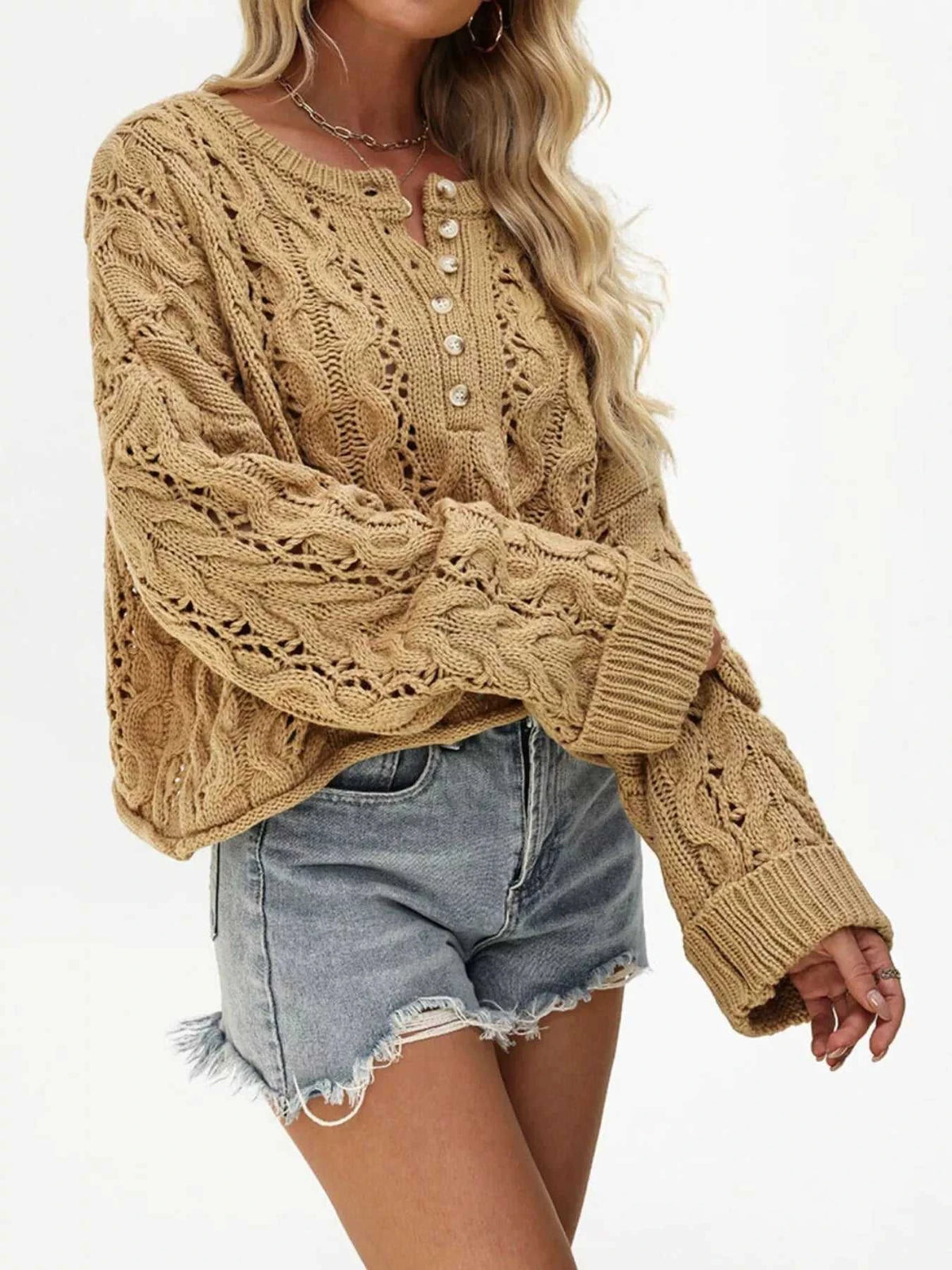 Chic Cable Knit Half-Button Openwork Sweater 100100449594474 54 Affordable Fashion Under $100 Jerry's Apparel 