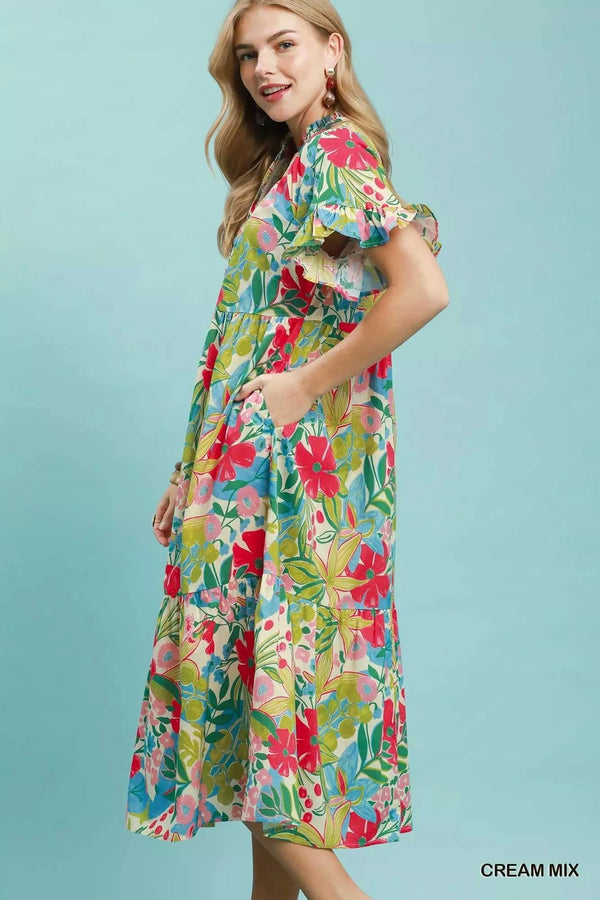 Umgee Tropical Floral Ruffle Sleeve Tiered Midi Dress 100100608541744 64 Affordable Fashion Under $100 Jerry's Apparel 