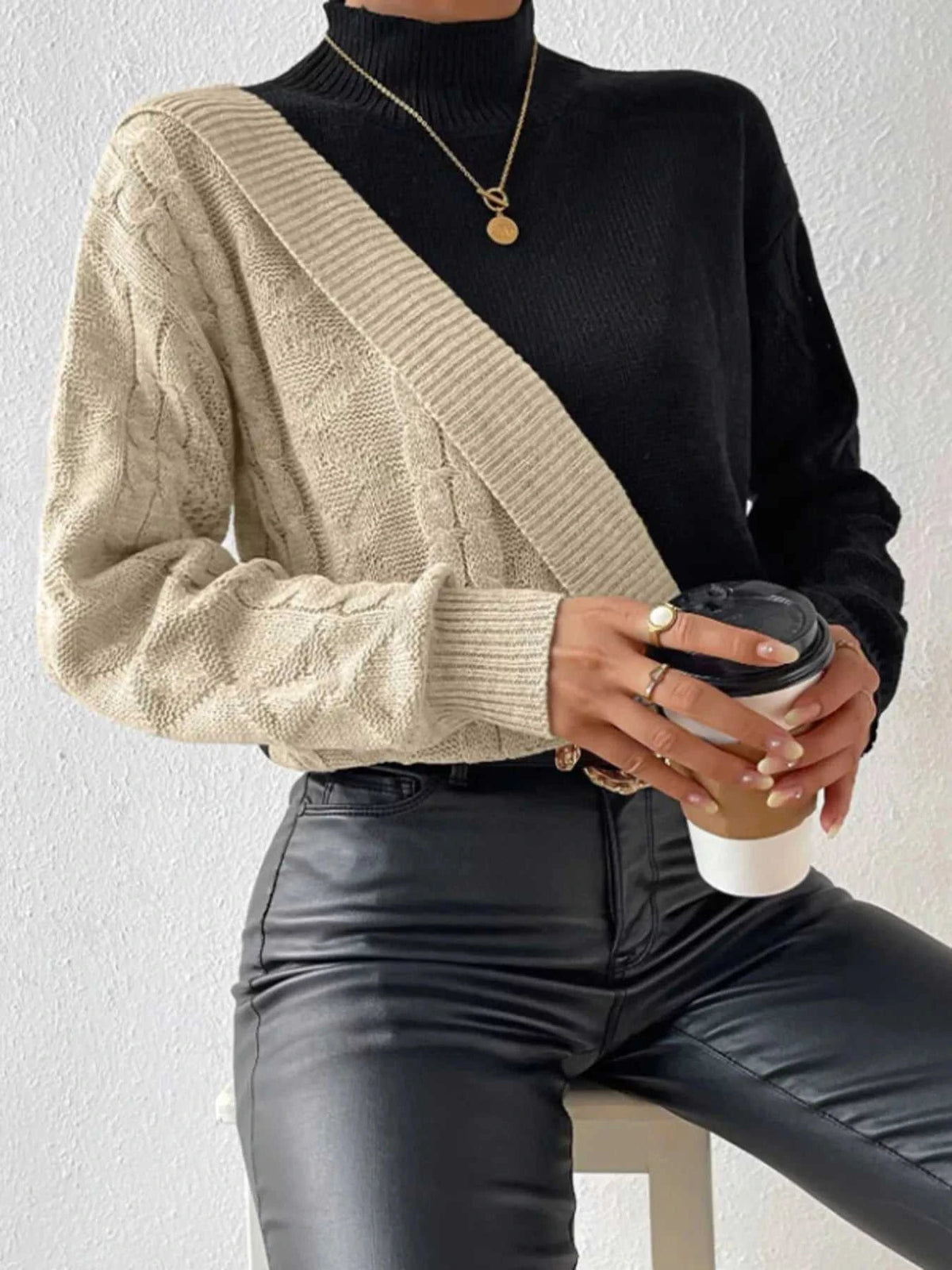 Color Block Cable Knit Mock Neck Sweater 101002950015213 40 Affordable Fashion Under $100 Jerry's Apparel 