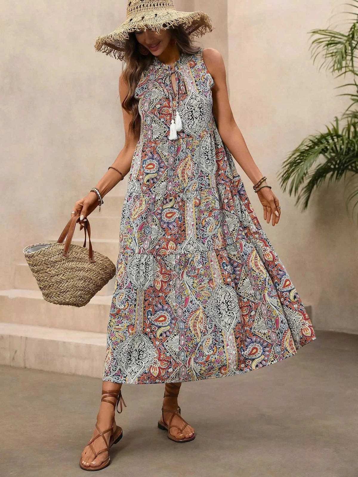 Paisley Print Tie Neck Sleeveless Midi Dress 100100431959174 36 Affordable Fashion Under $100 Jerry's Apparel 
