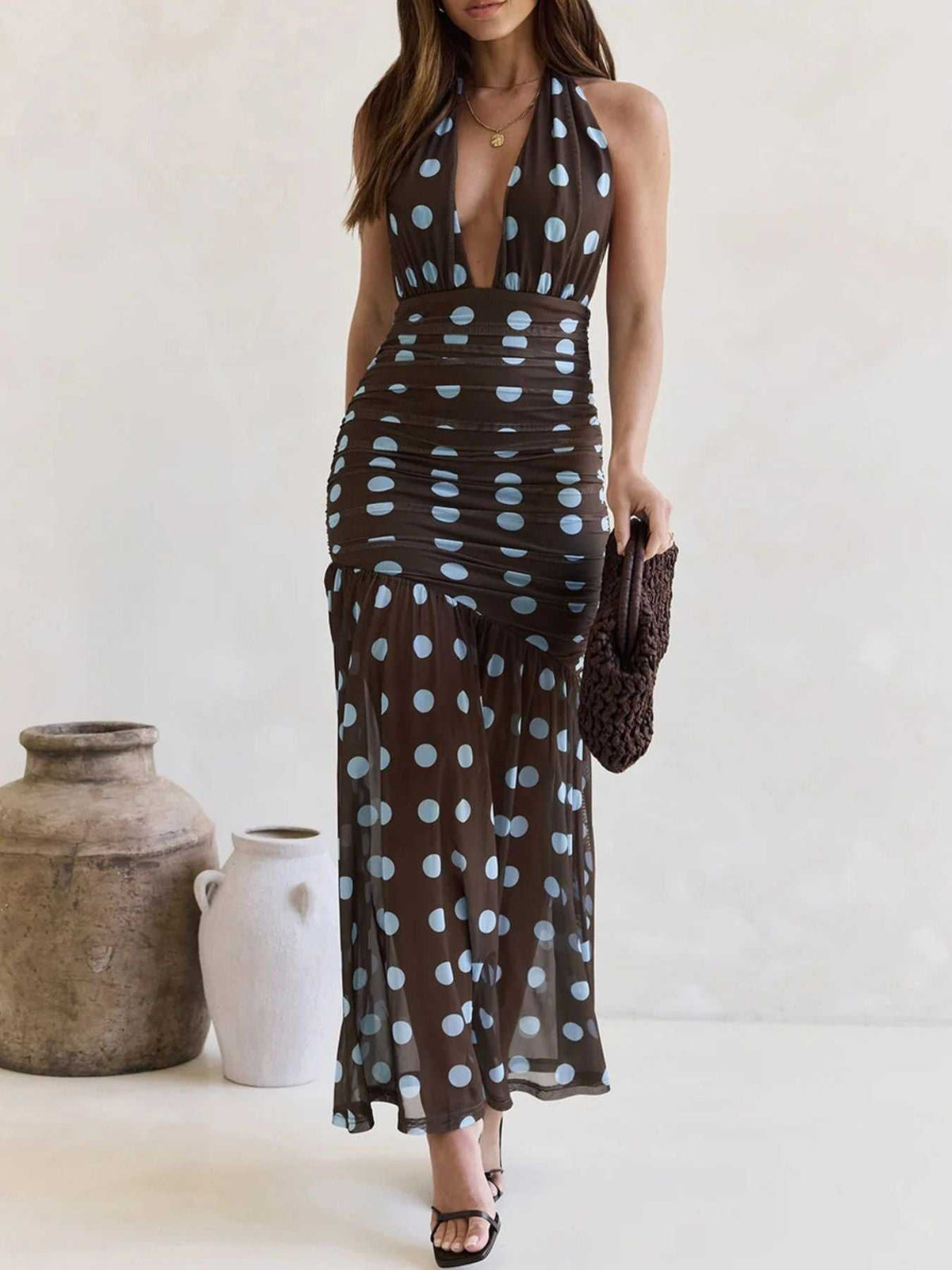 Polka Dot Halter Ruched Maxi Dress 100100900167641 56 Gifts for Her Jerry's Apparel 
