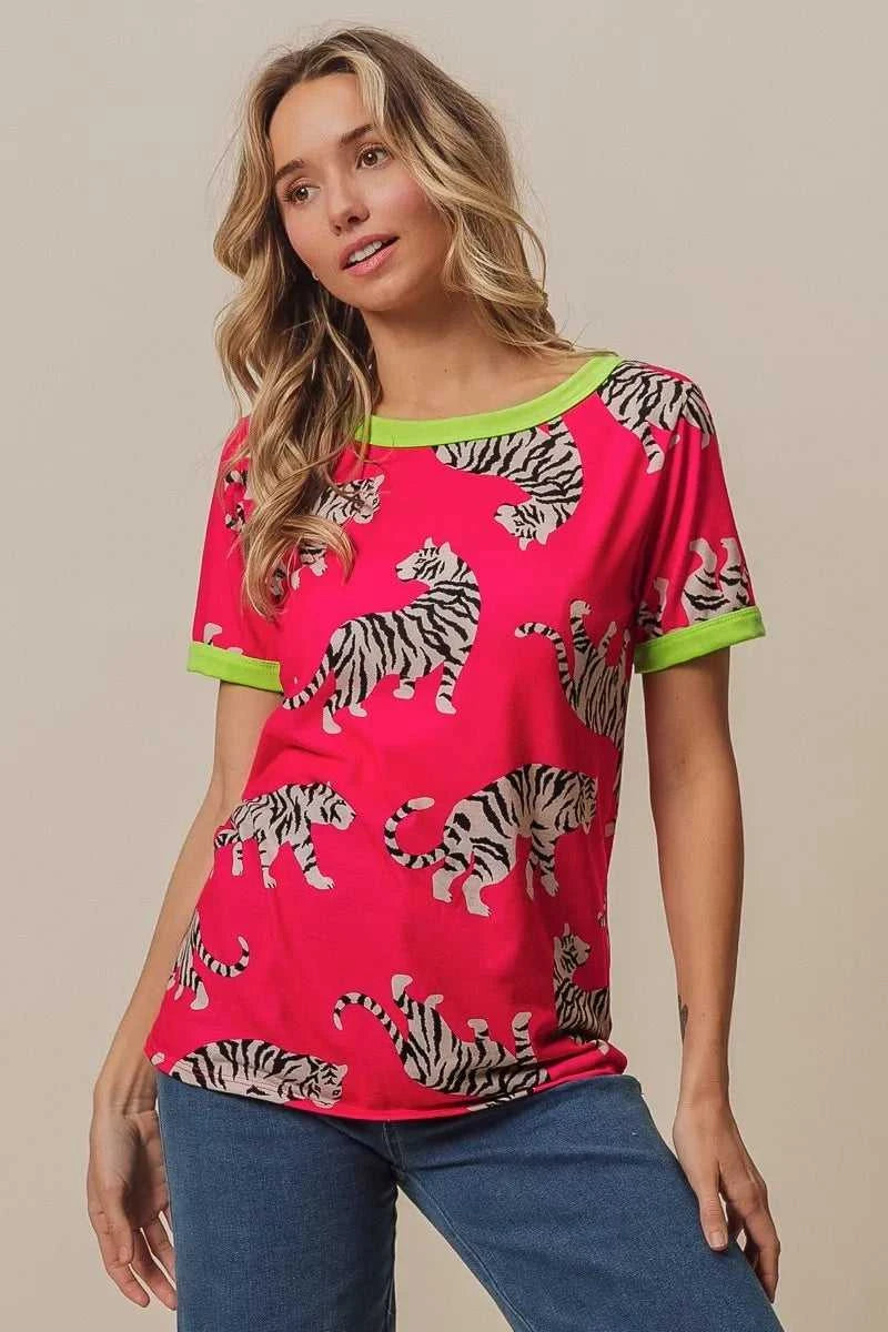 BiBi Big Tiger Print Jersey Contrast Ringer Top 100100215151725 27 Affordable Fashion Under $100 Jerry's Apparel 