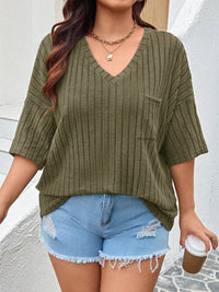 Plus Size V-Neck Ribbed Knit T-Shirt