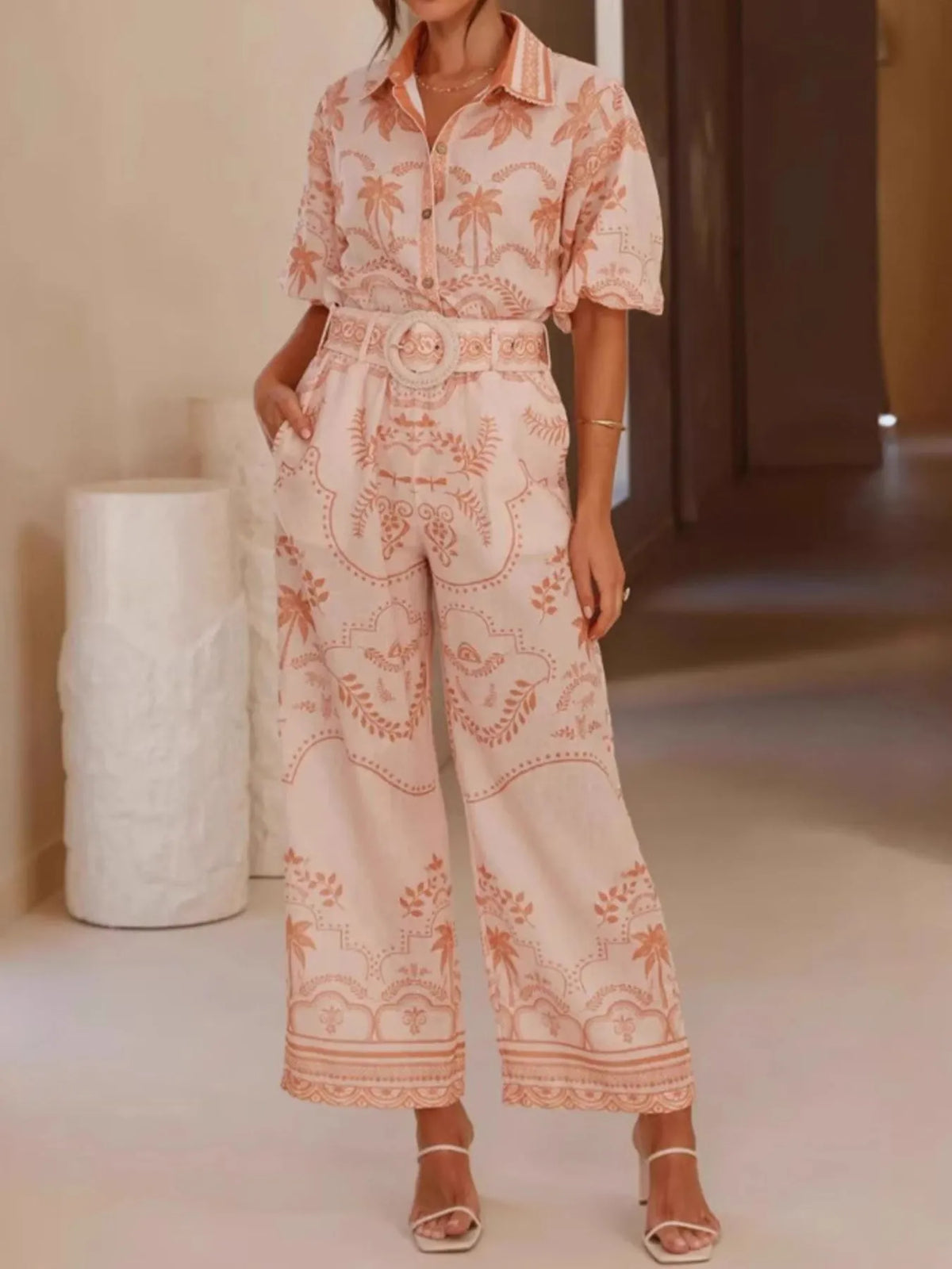 Printed Button Up Shirt and Pants Set