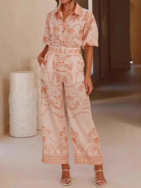 Printed Button Up Shirt and Pants Set