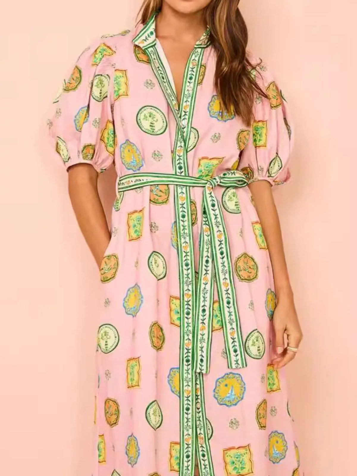 Printed Puff Sleeve Midi Shirt Dress