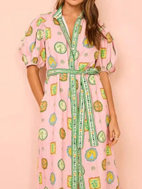 Printed Puff Sleeve Midi Shirt Dress