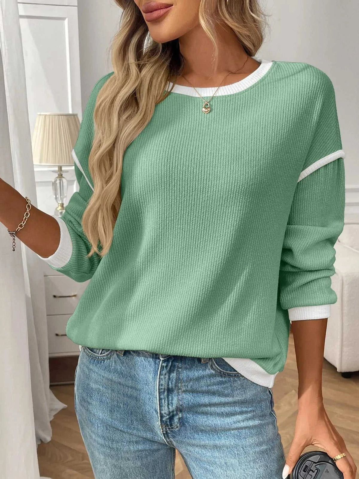 Ribbed Contrast Trim Long Sleeve Top 100100078754062 40 Affordable Fashion Under $100 Jerry's Apparel 