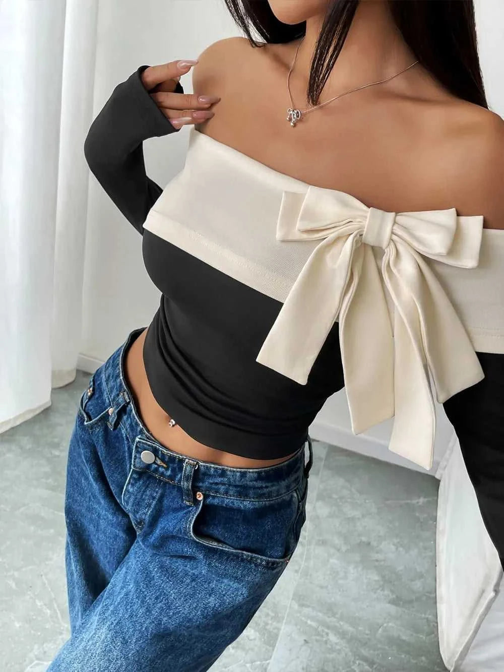 Perfee Bow Contrast Off-Shoulder Long Sleeve Top 100100486221672 31 Affordable Fashion Under $100 Jerry's Apparel 