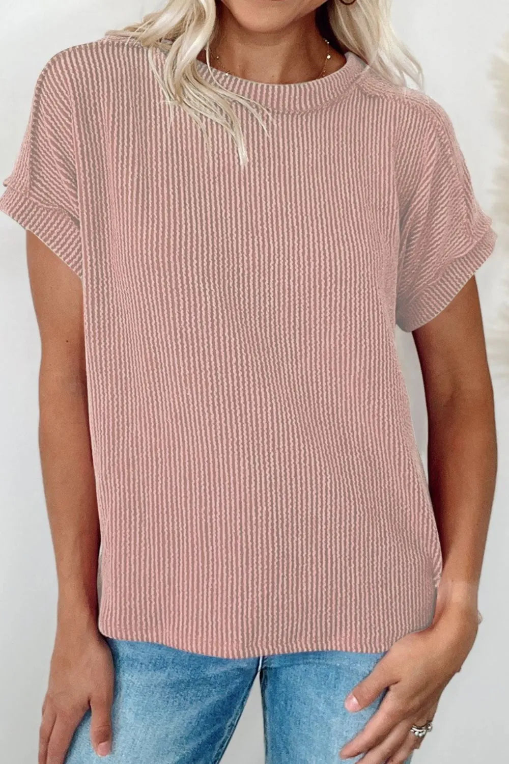 Casual Ribbed Short Sleeve Round Neck T-Shirt