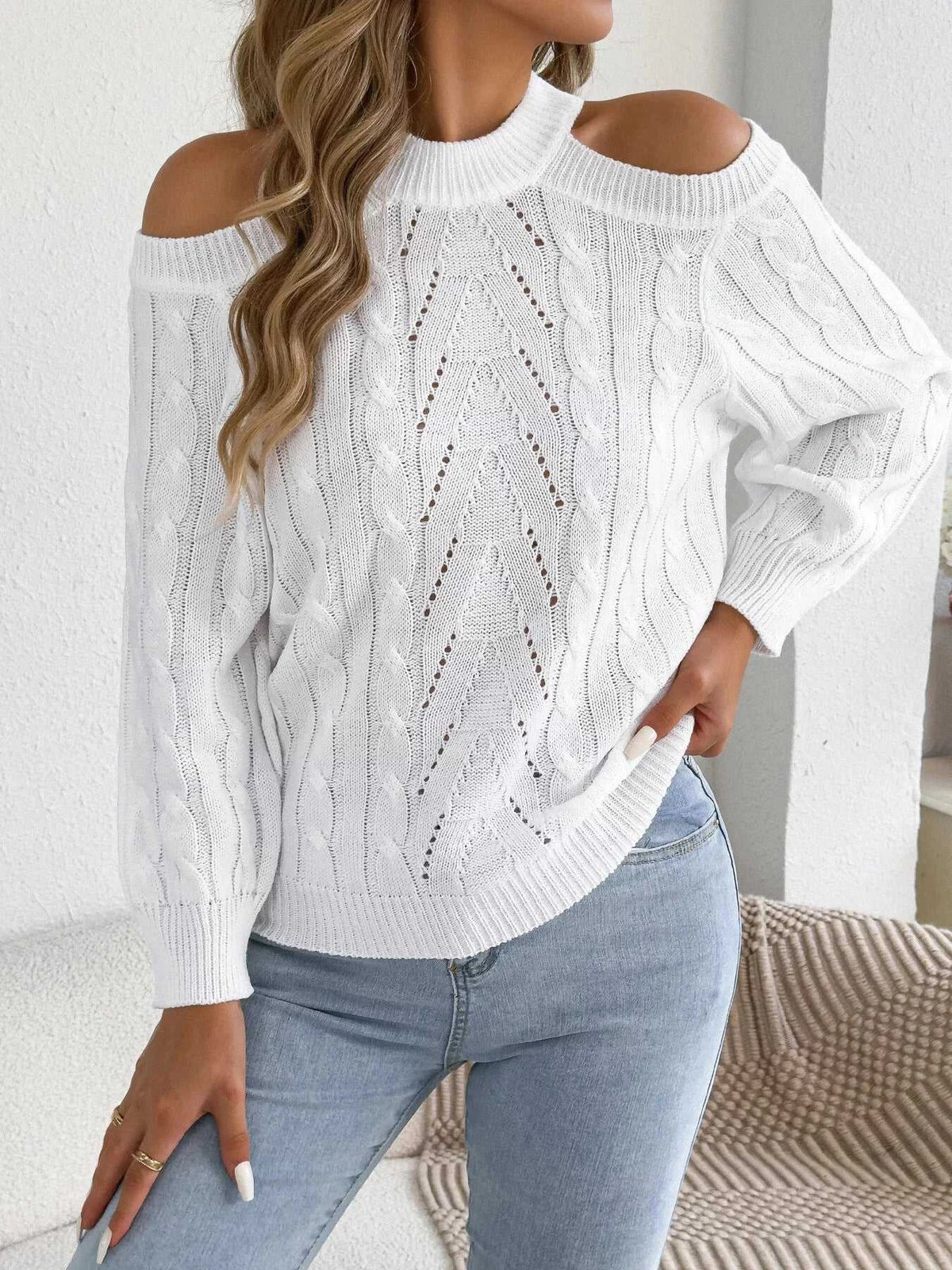Cold Shoulder Cable Knit Sweater 101002208238460 36 Affordable Fashion Under $100 Jerry's Apparel 