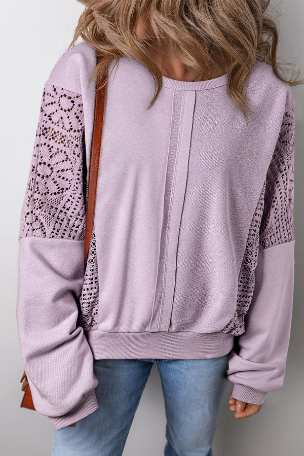 Women's Openwork Round Neck Long Sleeve Sweatshirt - Crochet Lace Detail Pullover