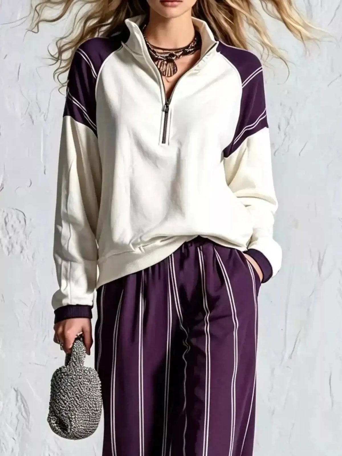 Quarter-Zip Sweatshirt and Striped Wide-Leg Pants Set 101001770702210 73 Affordable Fashion Under $100 Jerry's Apparel 
