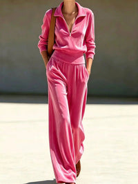 Full Size Quarter-Zip Top and Wide-Leg Pants Set Plus Size 101001639337372 55 Women's Pants Set Gifts for Her Jerry's Apparel 
