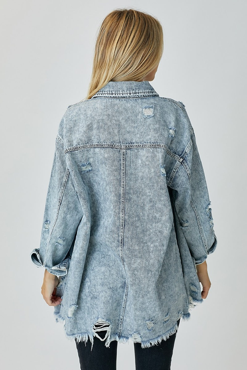 Distressed Raw Hem Denim Shirt