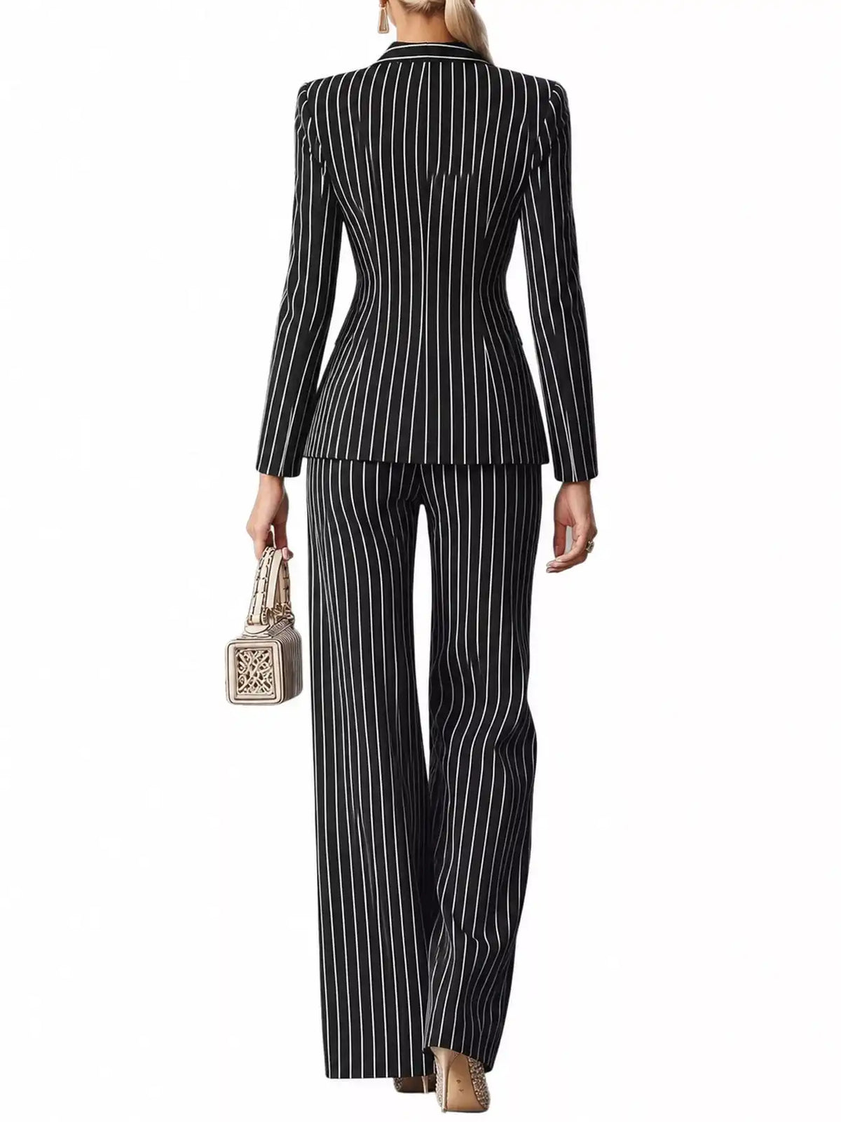 Double-Breasted Pinstripe Blazer and Wide-Leg Pants Set 101001905010997 103 Gifts for Her Jerry's Apparel 