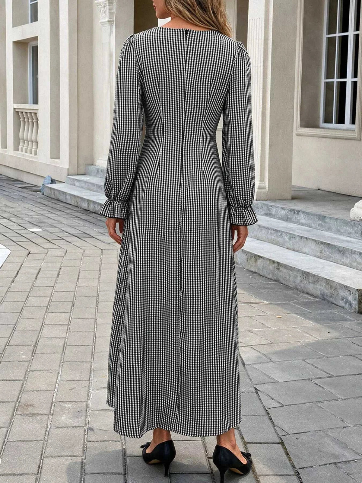 Gingham Lace-Trim V-Neck Long Sleeve A-Line Maxi Dress 101001996406806 52 Affordable Fashion Under $100 Jerry's Apparel 