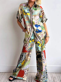 Printed Button Up Shirt and Pants Set