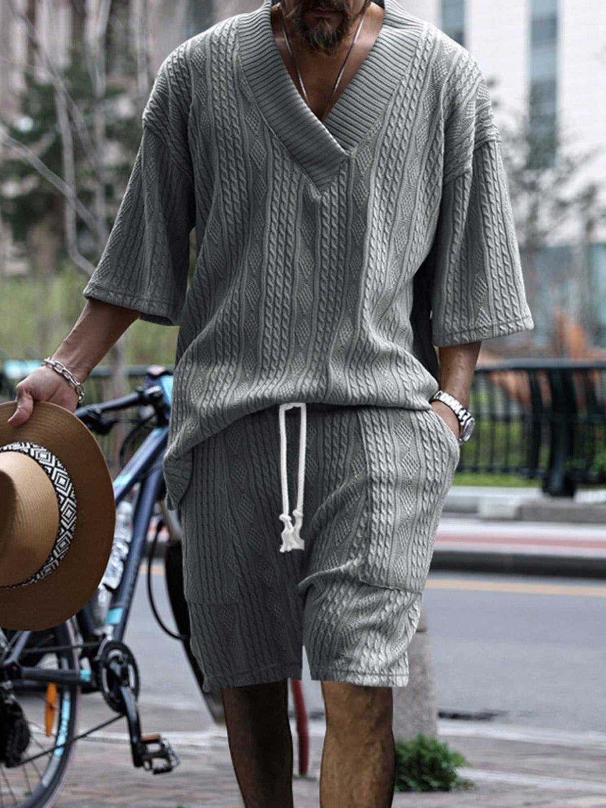 Men's Full Size Casual Knit V-Neck Short Sleeve Top and Shorts Set Plus Size 100400200384867 38 Men's Sets Jerry's Apparel 