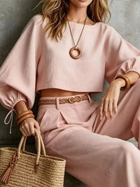 Balloon Sleeve Crop Top and Wide-Leg Pants Set 101001530012684 71 Affordable Fashion Under $100 Jerry's Apparel 