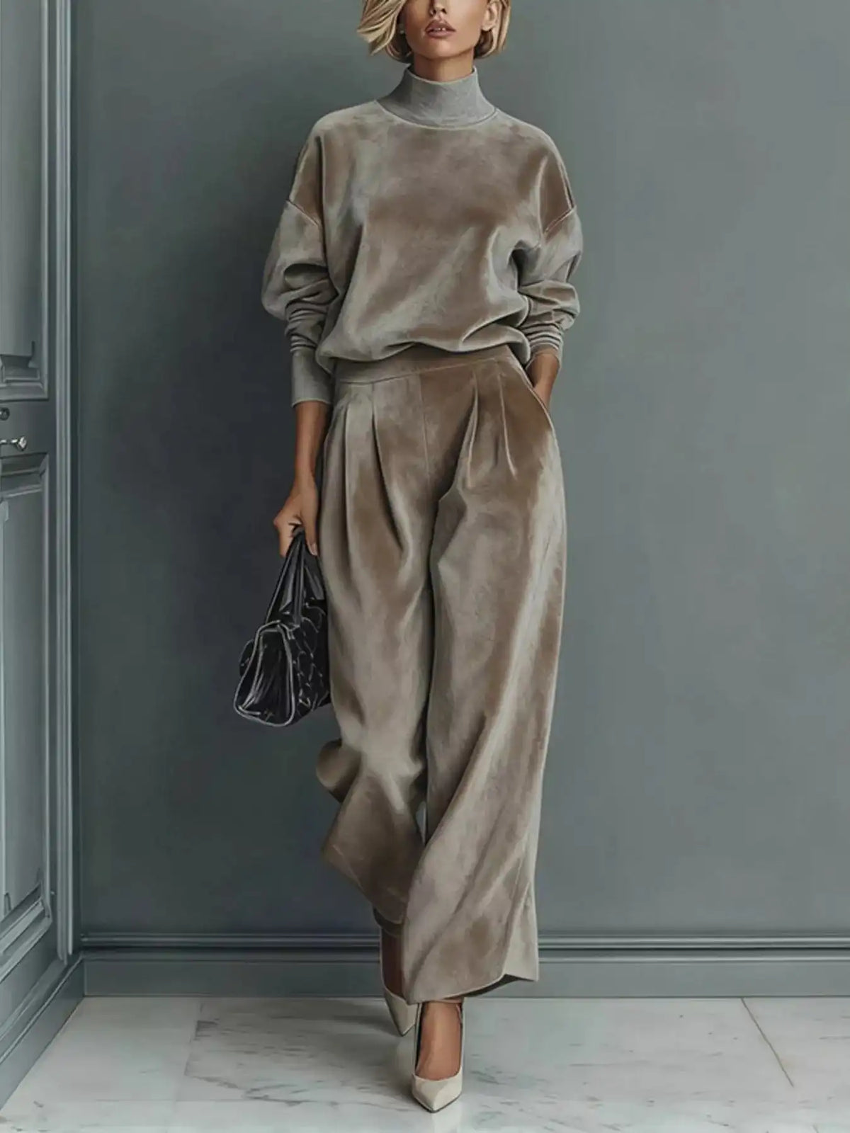 Full Size Elegant Velvet Mock Neck Long Sleeve Top and Wide-Leg Pants Set Plus Size 101001603377263 63 Women's Pants Set Gifts for Her Jerry's Apparel 