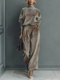 Full Size Elegant Velvet Mock Neck Long Sleeve Top and Wide-Leg Pants Set Plus Size 101001603377263 63 Women's Pants Set Gifts for Her Jerry's Apparel 