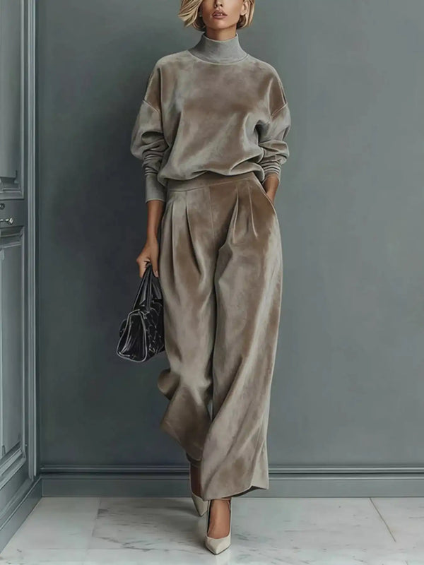 Full Size Elegant Velvet Mock Neck Long Sleeve Top and Wide-Leg Pants Set Plus Size 101001603377263 63 Women's Pants Set Gifts for Her Jerry's Apparel 