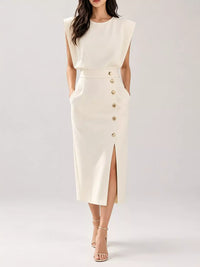 Sleeveless Midi Dress with Gold Button Detail and Side Slit 101001590890082 42 Affordable Fashion Under $100 Jerry's Apparel 
