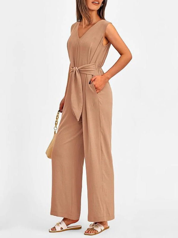V-Neck Sleeveless Wide-Leg Jumpsuit with Waist Tie
