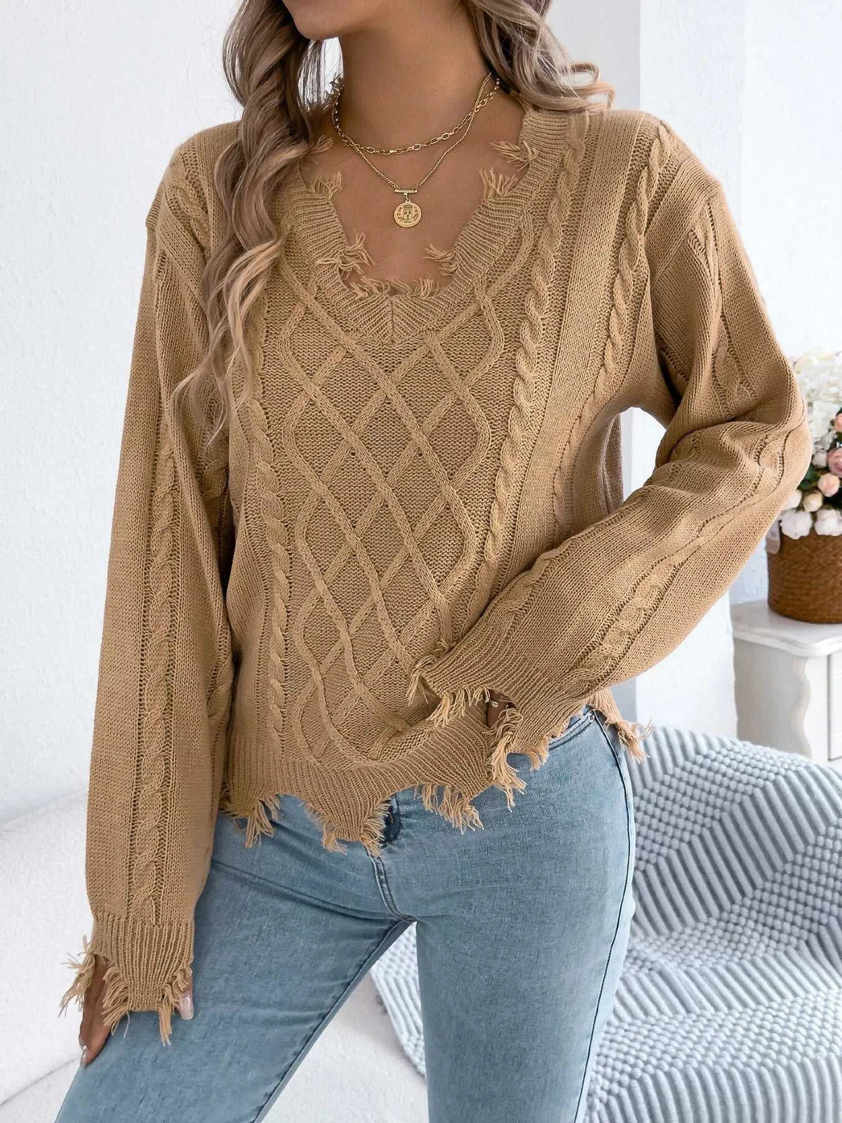V-Neck Distressed Hem Cable Knit Sweater 101002745879602 36 Affordable Fashion Under $100 Jerry's Apparel 