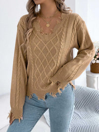 V-Neck Distressed Hem Cable Knit Sweater 101002745879602 36 Affordable Fashion Under $100 Jerry's Apparel 