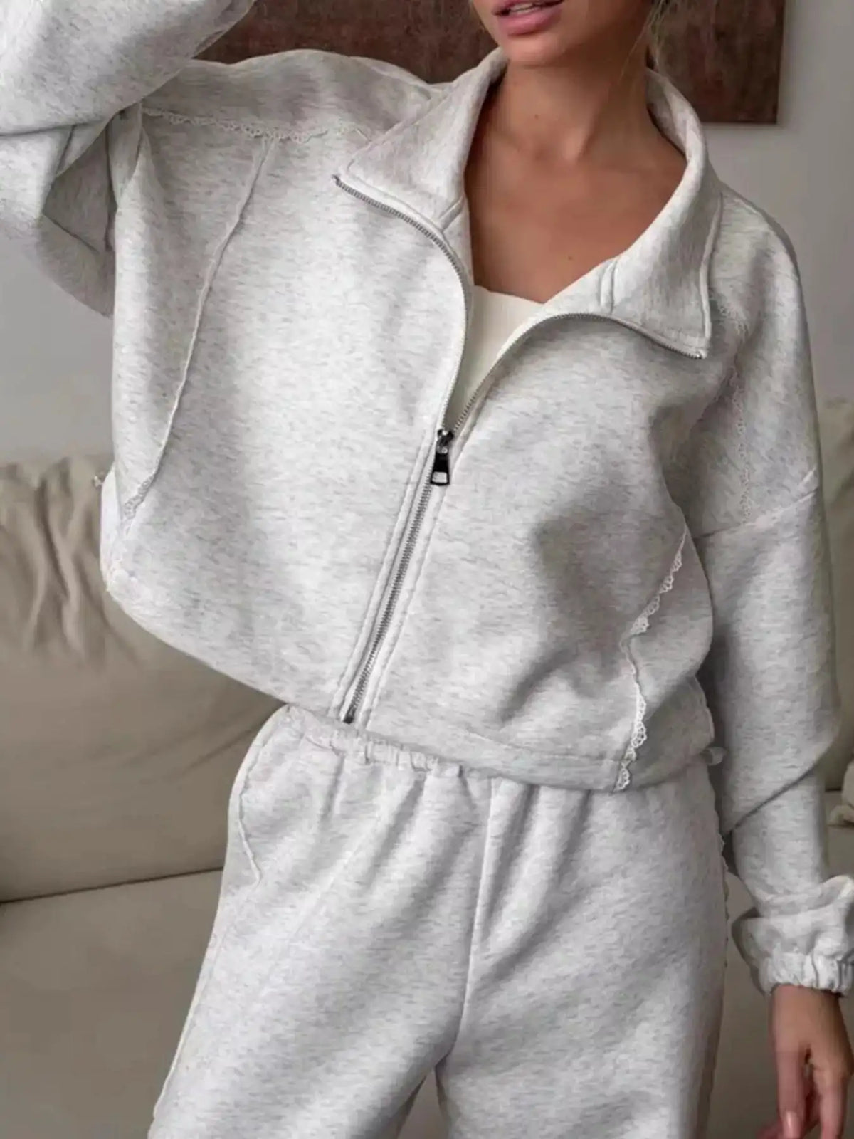 Zip-Up Jacket and Wide-Leg Pants Set 100100070627217 107 Comfortable Weekend Sets Jerry's Apparel 