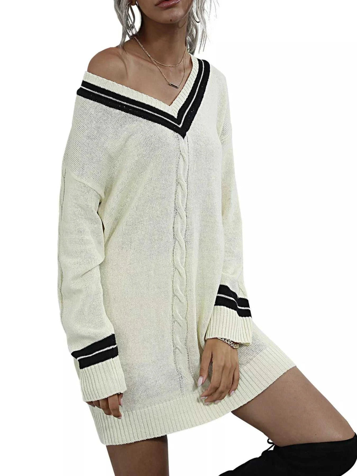 V-Neck Striped Trim Cable Knit Sweater Dress 100100385204687 52 Affordable Fashion Under $100 Jerry's Apparel 