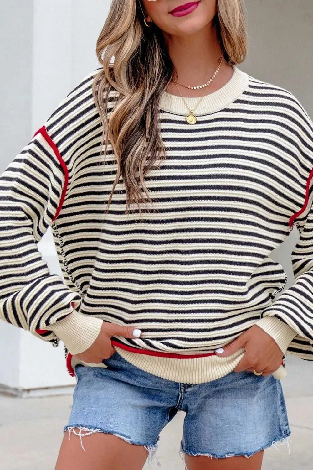 Stripe Ribbed Trim Drop Shoulder Oversized Sweater 100100407322838 55 Affordable Fashion Under $100 Jerry's Apparel 