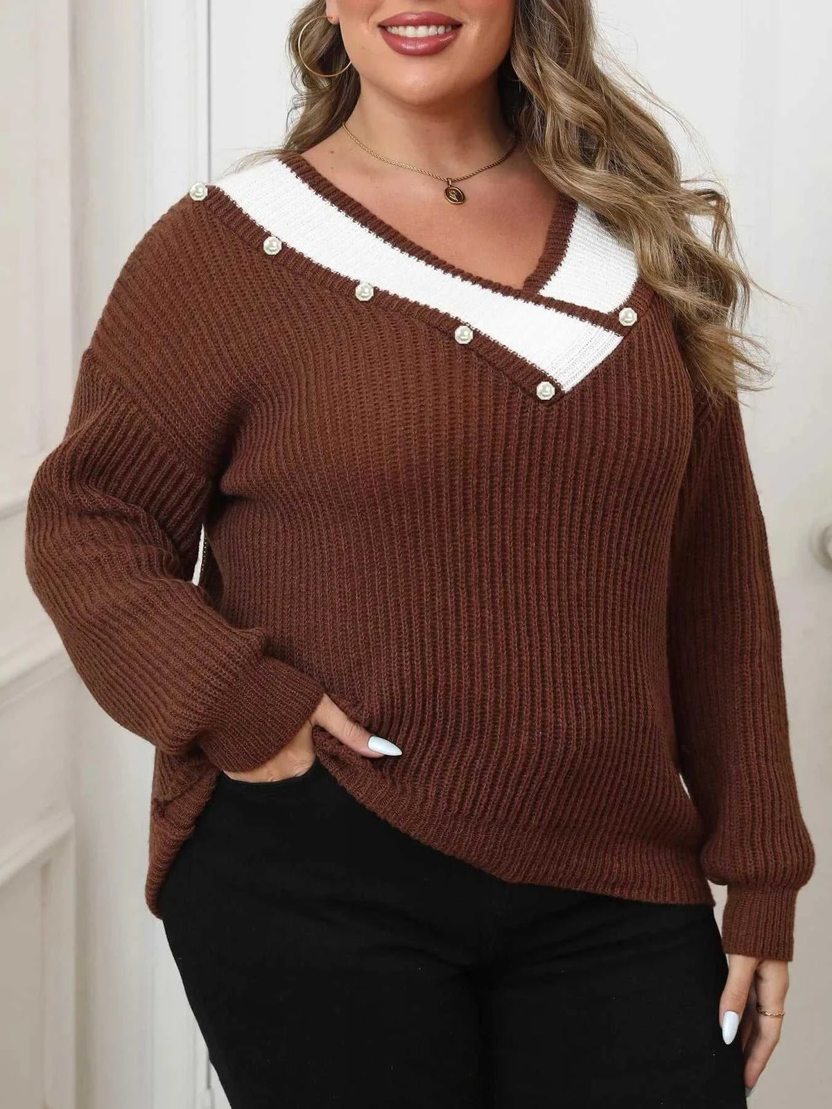 Plus Size Contrast Trim Button-Decorated Sweater 101002671808659 34 Affordable Fashion Under $100 Jerry's Apparel 