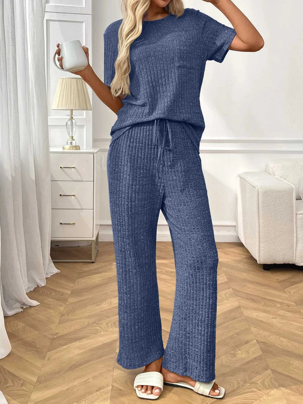 Ribbed Knit Short Sleeve Top and Pants Lounge Set 100100838010625 40 Affordable Fashion Under $100 Jerry's Apparel 