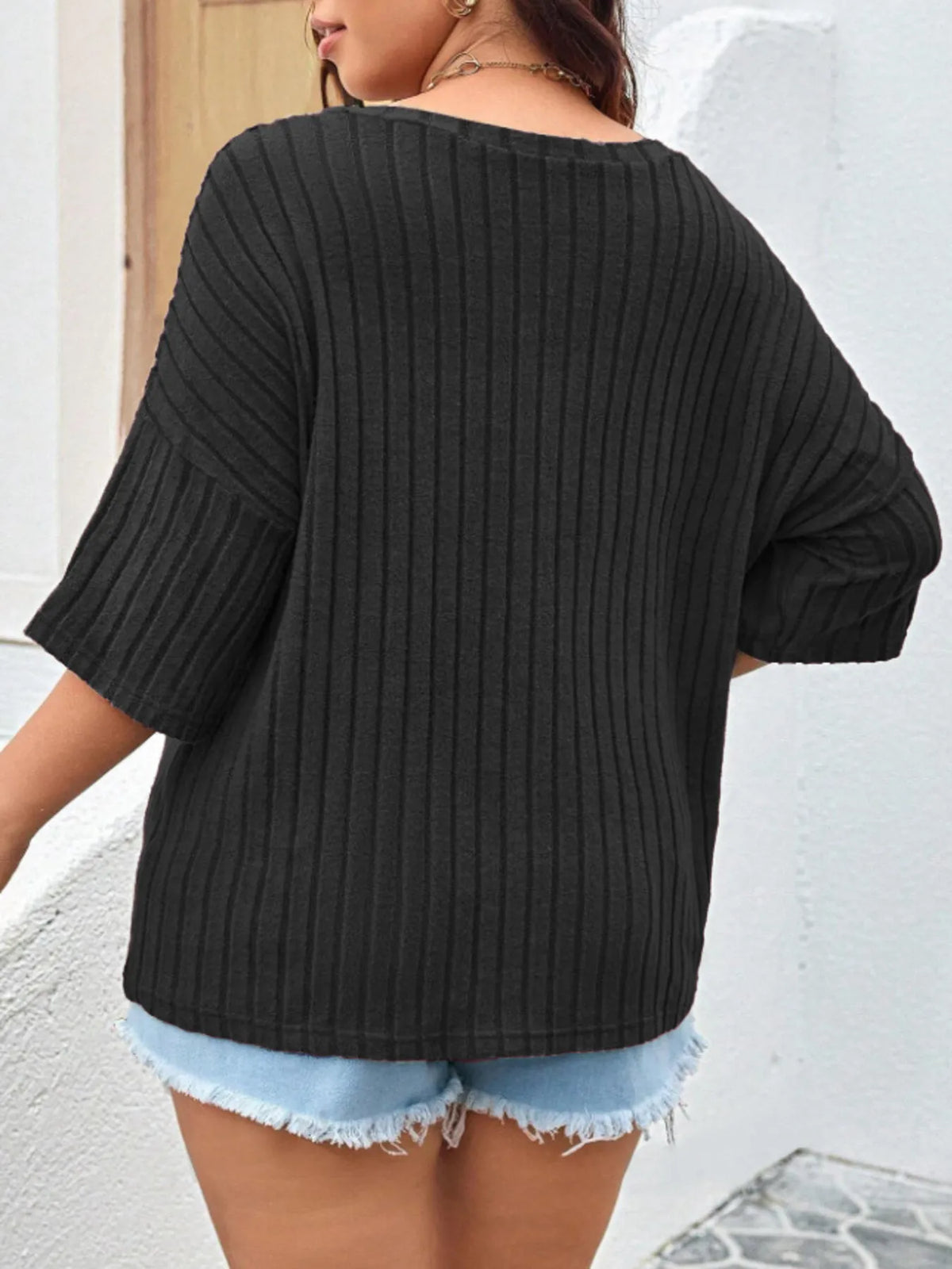 Plus Size V-Neck Ribbed Knit T-Shirt