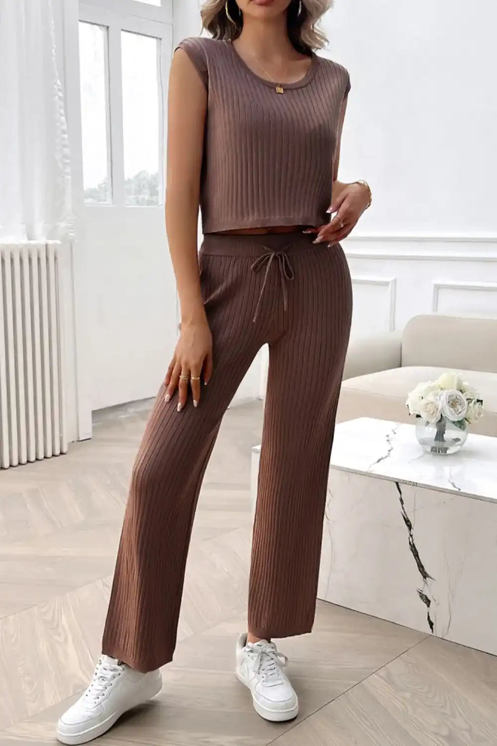 Devine Ribbed Round Neck Top and Pants Set 100100643541406 76 Affordable Fashion Under $100 Jerry's Apparel 