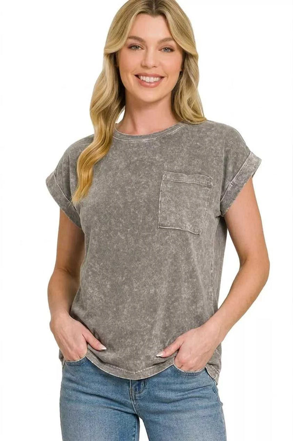 Zenana Halo Snow Washed Cuffed Short Sleeve Tee 100100051871413 23 Affordable Fashion Under $100 Jerry's Apparel 