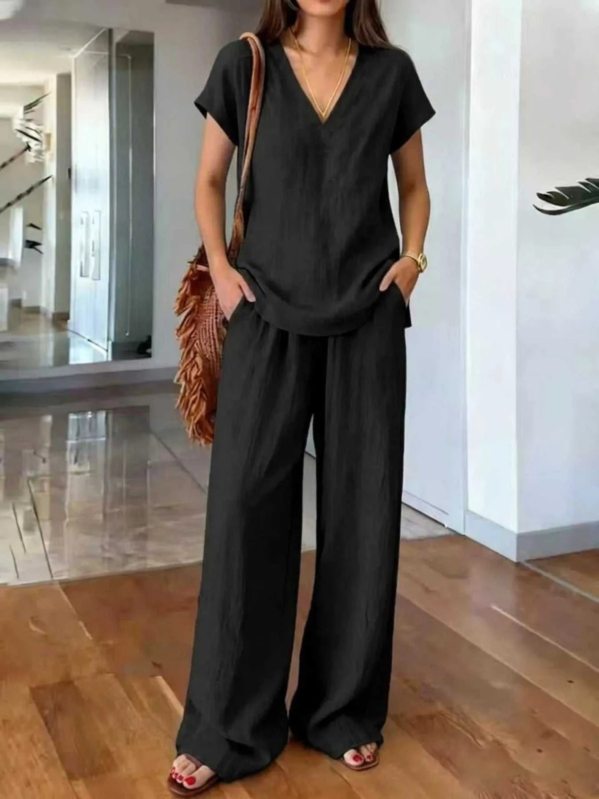 Full Size V-Neck Short Sleeve Top and Pants Set Plus Size 100100910451013 35 Affordable Fashion Under $100 Jerry's Apparel 
